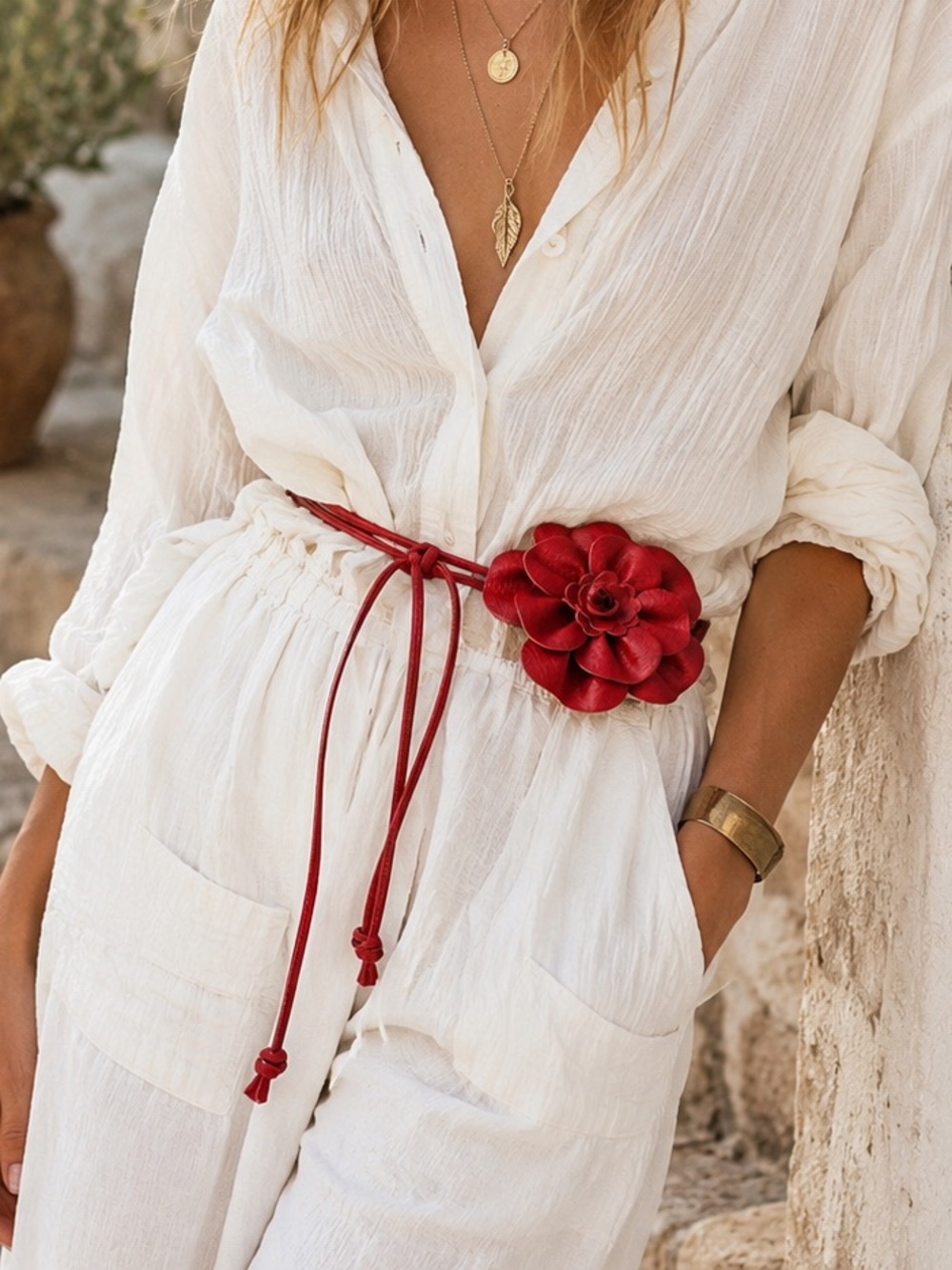 BB1. Red Floral Leather Cord Belt